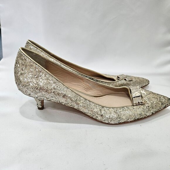 Coach Womens Monroe Sequin Bow Kitten Heels Size 7.5B Silver Low Heeled Shoes - Picture 2 of 14